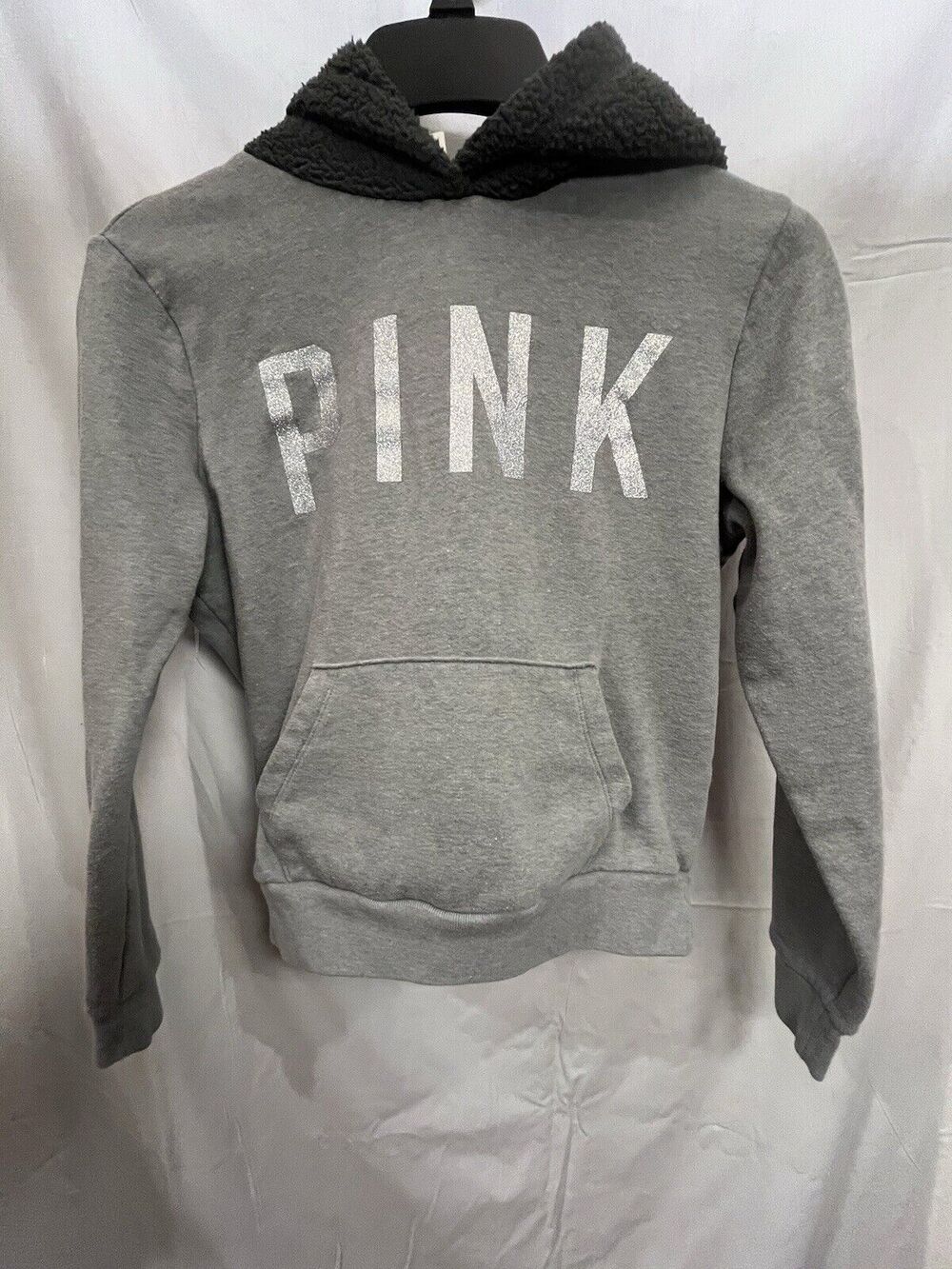 PINK Hoodie Women's Set XS Gray Fleece Hood Shimmer Logo Pullover W/sweatpants